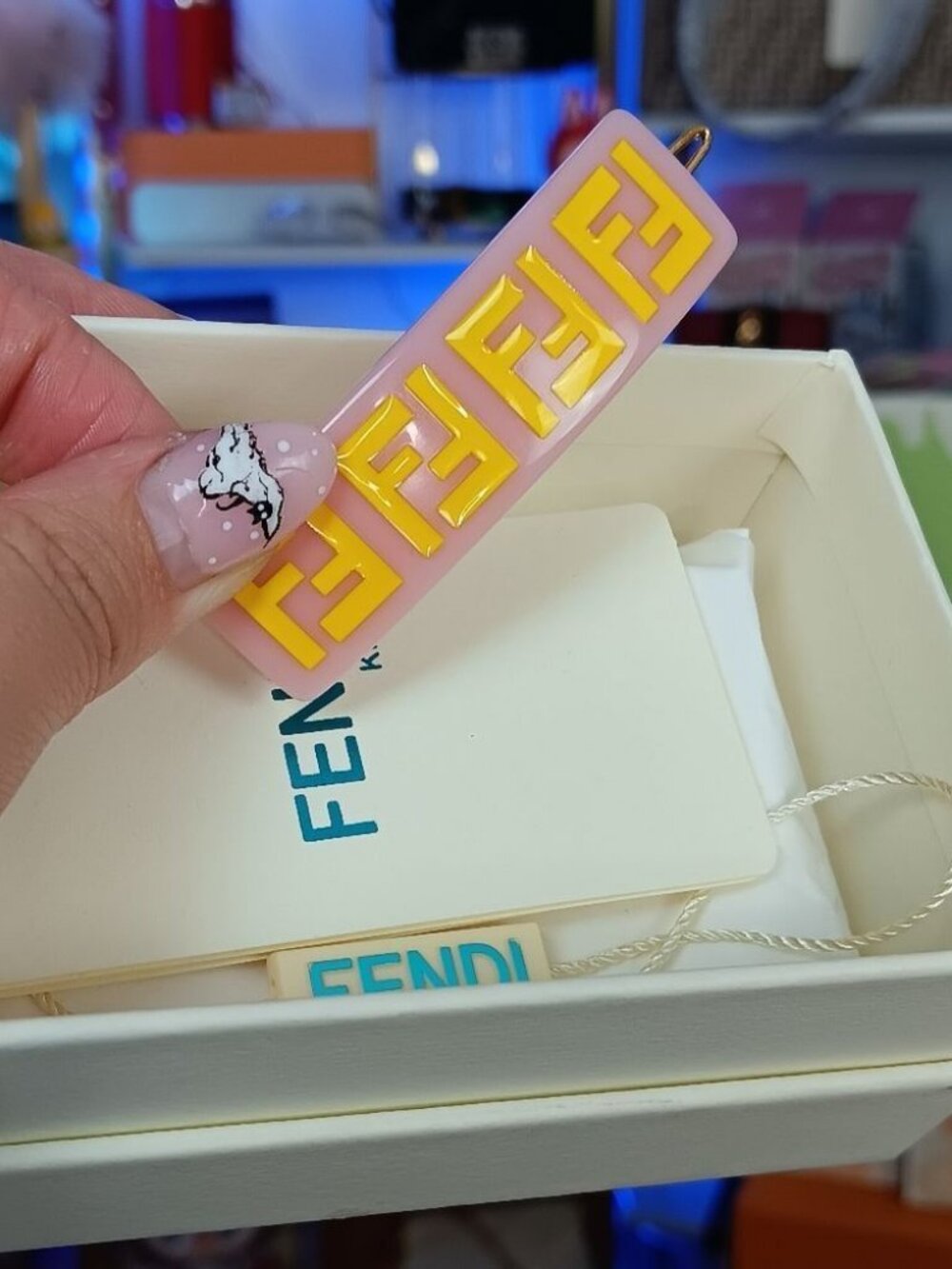 New In Box Fendi Pink & Yellow FF Logo Small Size Hair Clip Full Set